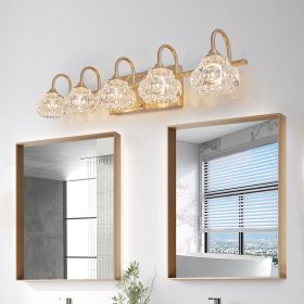 Modern Crystal Bathroom Vanity Light, 5-Light Golden Wall Sconce with Clear Glass Shade, Elegant Wall Mount Lighting for Bathroom, Powder Room