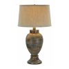 30 Inch Hydrocal Table Lamp, Drum Shade, Classic Urn Base, Brown and Blue