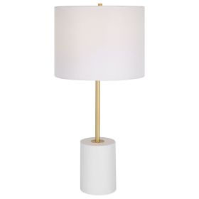 Lily 28 Inch Accent Lamp, Round Hardback Drum Shade, White Base, Gold