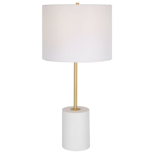 Lily 28 Inch Accent Lamp, Round Hardback Drum Shade, White Base, Gold