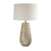28 Inch Hydrocal Table Lamp, Drum Shade, Curved Geometric Base, Brown