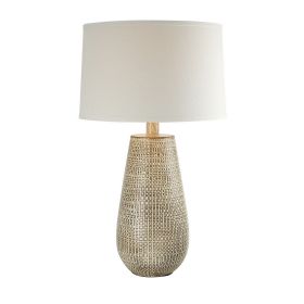 28 Inch Hydrocal Table Lamp, Drum Shade, Curved Geometric Base, Brown