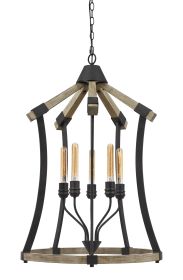 5 Bulb Pendant Fixture with Wooden and Metal Frame, Brown and Black