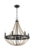 Starry Wood Chandelier Farmhouse Six Candle Light Wood Beaded Black Pendant Light for Dining Room