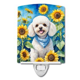NEW White Poodle in Sunflowers Ceramic Night Light Compact, UL-Certified, Ideal for Bedroom, Bathroom, Nursery, Hallway, Kitchen, 6x4x3, Multicolor