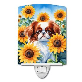 NEW Japanese Chin in Sunflowers Ceramic Night Light Compact, UL-Certified, Ideal for Bedroom, Bathroom, Nursery, Hallway, Kitchen, 6x4x3, Multicolor