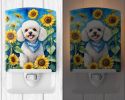NEW White Poodle in Sunflowers Ceramic Night Light Compact, UL-Certified, Ideal for Bedroom, Bathroom, Nursery, Hallway, Kitchen, 6x4x3, Multicolor
