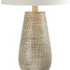 28 Inch Hydrocal Table Lamp, Drum Shade, Curved Geometric Base, Brown