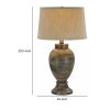 30 Inch Hydrocal Table Lamp, Drum Shade, Classic Urn Base, Brown and Blue